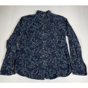 Vintage Eddie Bauer Women L Floral Corduroy Navy Long Sleeve Button Up Shirt